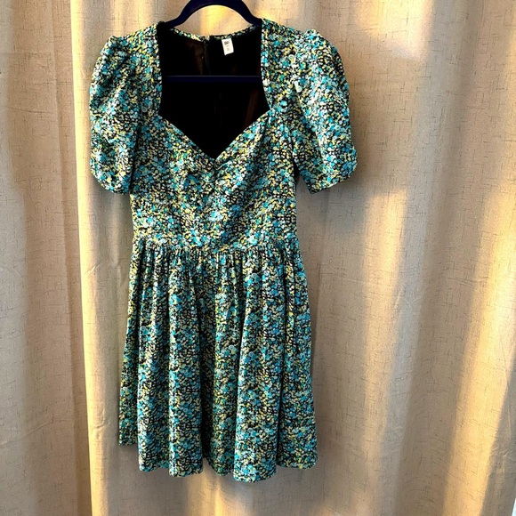 BP Floral Mini Blue and Yellow Floral Dress. Size XS. Puffer sleeves. - Picture 1 of 8